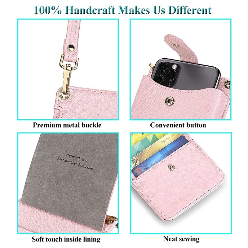 Peacocktion Pink Mini Cross Body Bag for Woman, RFID Cell Phone Leather Purse Crossbody with Card Slot, Trendy Card Holder Wallet - Image 3